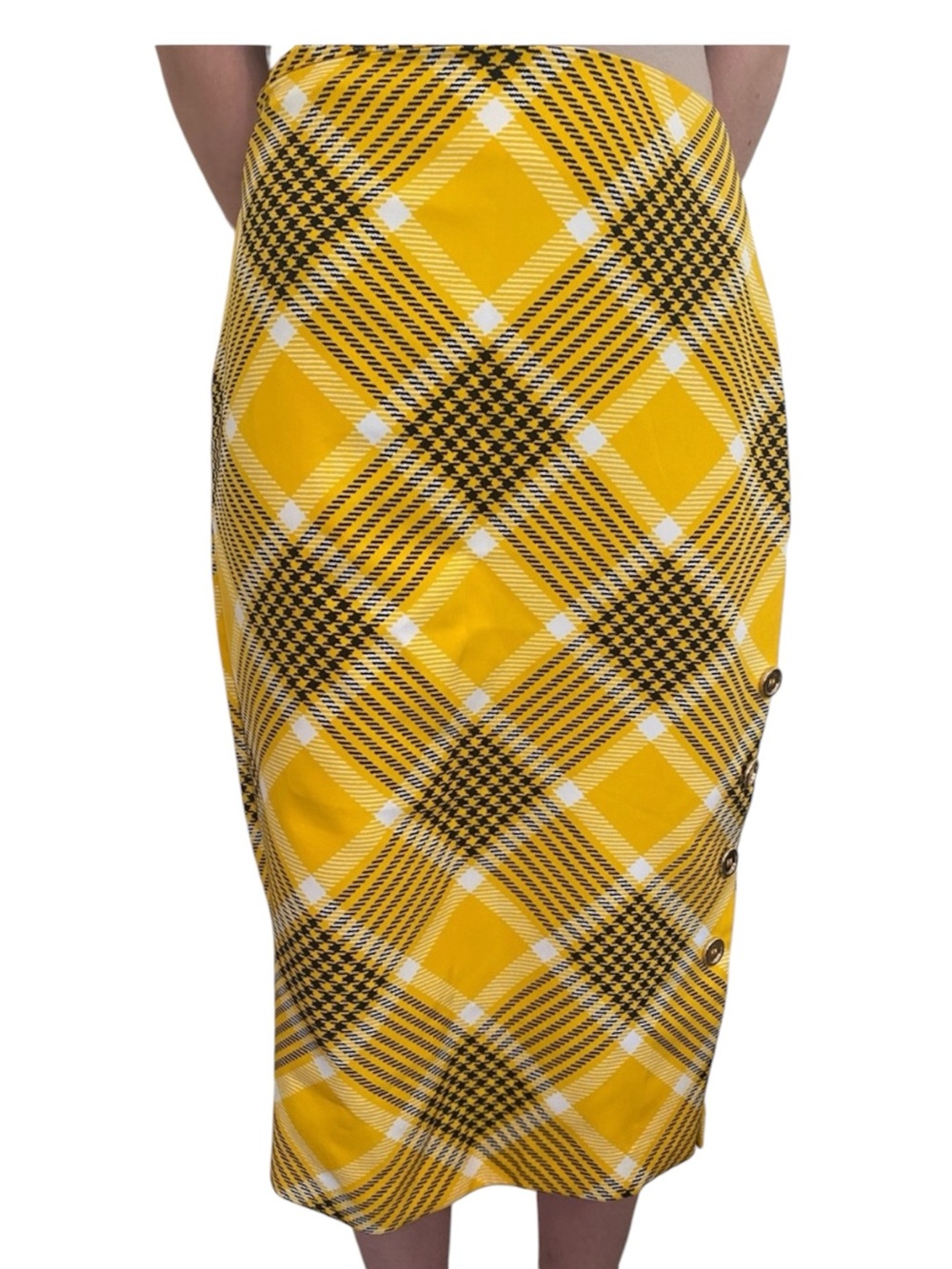 New York & Company Yellow Black Plaid Pencil Skirt with Side Buttons size xs